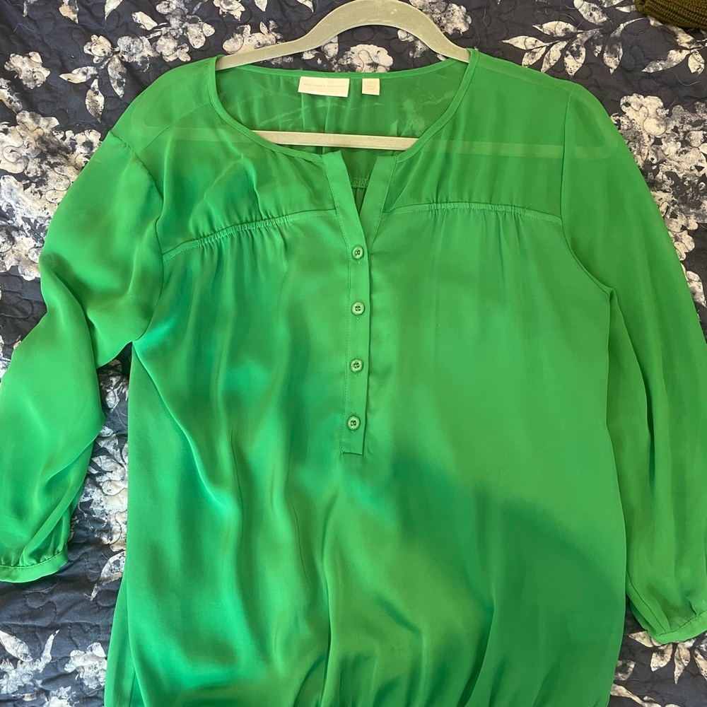 New York & Company Green Buttoned Blouse with Mandarin Collar